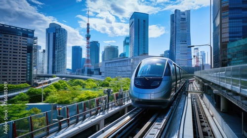 A silver train passing through a city with tall buildings. Perfect for transportation themes