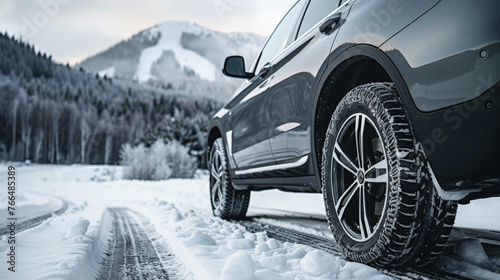 Winter Travel: Gray Car with Snow Tires. Generative AI