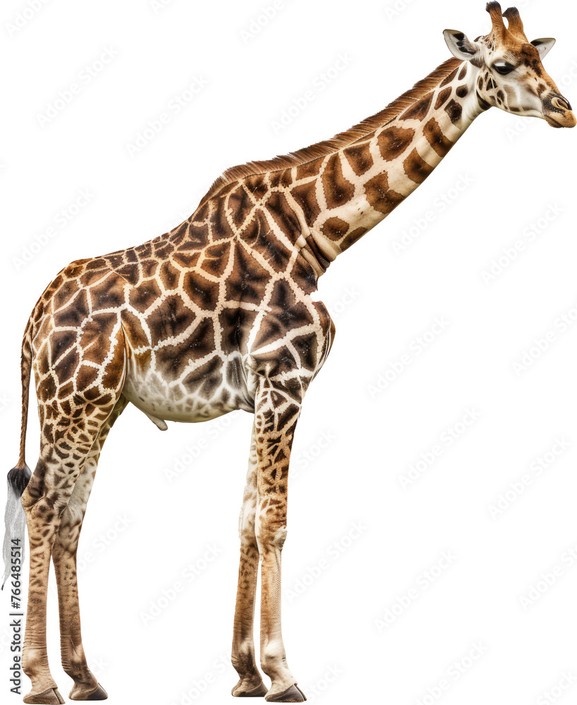 Tall giraffe standing side view, cut out transparent