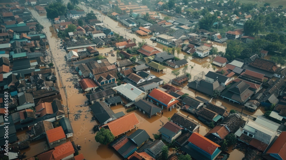 Aerial view of a village submerged in water, suitable for environmental and disaster-related projects