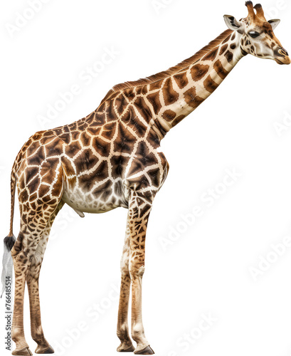 Tall giraffe standing side view  cut out transparent