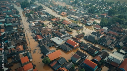 Aerial view of a village submerged in water  suitable for environmental and disaster-related projects