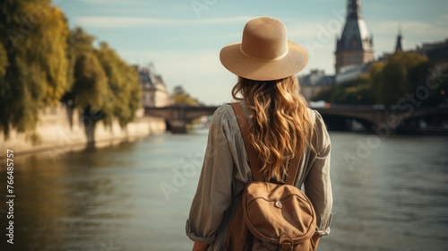 Young woman standing by the river Seine in Paris, France photo