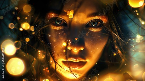 Close up of a woman's face with lights in the background. Suitable for beauty or technology concepts