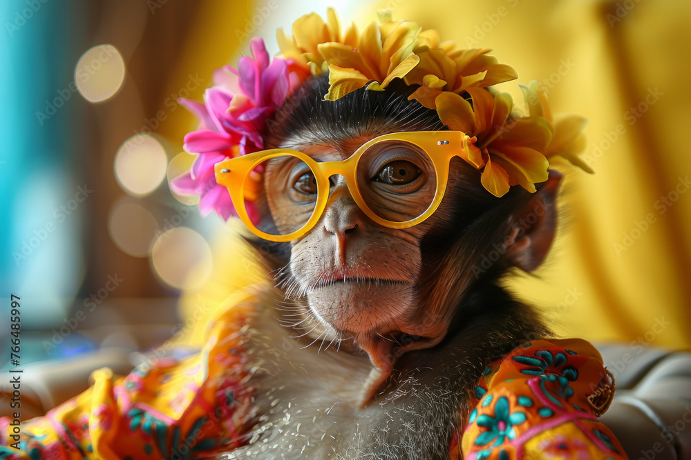 A monkey wearing glasses and a flower headband. The monkey is sitting on a chair. lighthearted mood. A monkey, dresses up for a party, a reminder of the importance of fun and celebration, yellow back