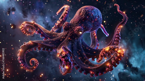 Galactic Octopus Imagine an enormous space octopus with tentacles stretching across lightyears, each arm adorned with glowing suckers as it explores the mysteries of the universe , 3D render © BURIN93