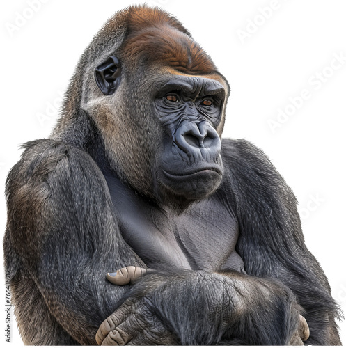 Gorilla portrait with intense gaze, cut out transparent