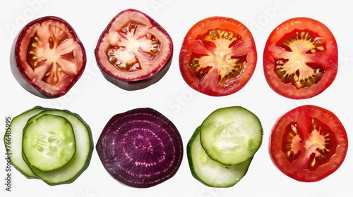 Fresh assortment of sliced tomatoes and cucumbers, perfect for healthy food concepts