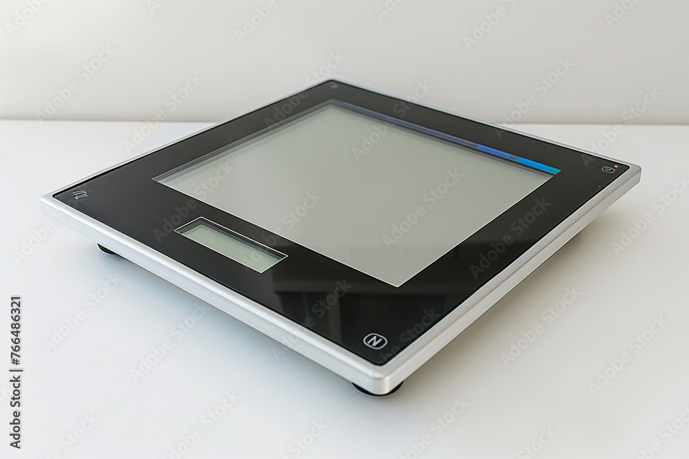 A digital scale with a blank LCD display isolated on white background, copy space on the surface. A digital scale with a blank LCD display isolated on white background, copy space on the surface.