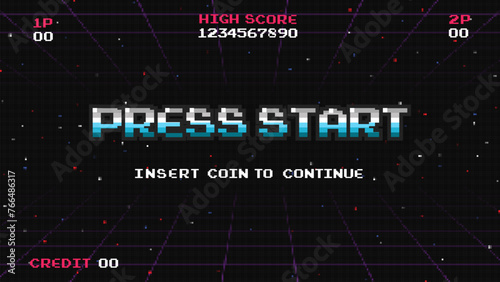 Press start on Pixel art background.8 bit game.retro game. for game assets in vector illustrations.Retro Futurism Sci-Fi Background. glowing neon grid.and stars from vintage arcade comp 