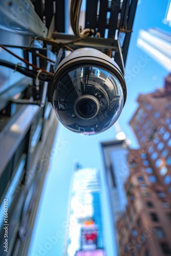 Close-up of a camera on a pole, suitable for urban surveillance purposes