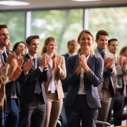 A group of business people are clapping and smiling at a conference.