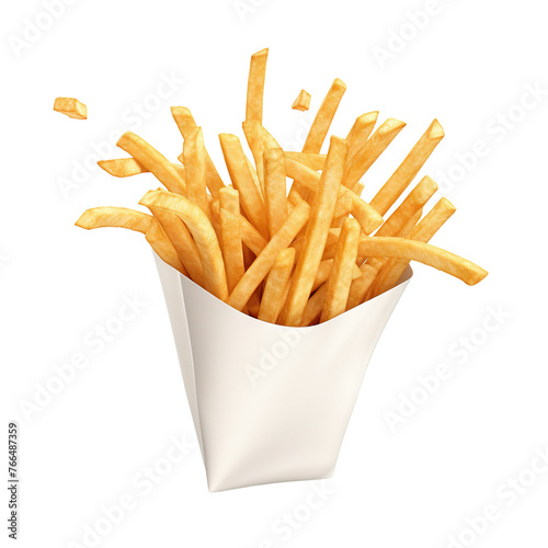 Delicious french potato fries in a white carton package box, cut out