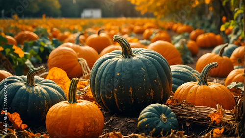 many ripe pumpkins in nature, rustic harvest