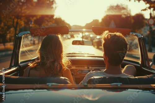 A couple sitting in the back of a convertible car. Ideal for travel and leisure concepts photo
