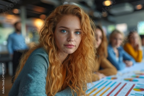 Portrait of a young woman with long red hair and blue eyes, wearing a blue sweater.