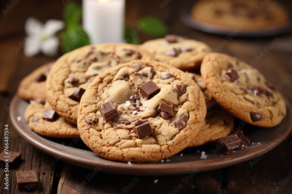 Exquisite chocolate chip cookies on a rustic plate against a whitewashed wood background