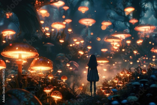 A person standing in a field of mushrooms. Great for nature or foraging concepts