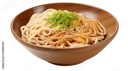 A beautifully crafted wooden bowl overflowing with savory noodles and colorful assorted vegetables