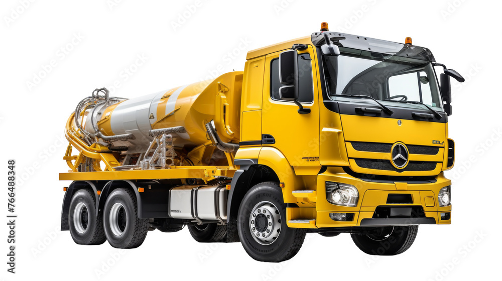 A vibrant yellow truck transports a cement mixer in the sunshine