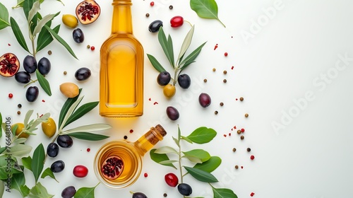 Olive oil and spices on white background photo