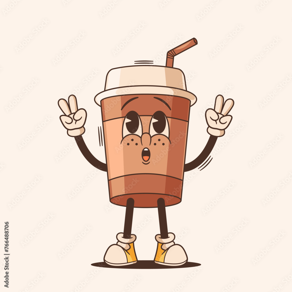 Cartoon Retro Coffee Drink Groovy Character Showing Peace Gestures. Isolated Vector Disposable Coffee Cup Personage
