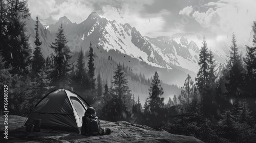 A black and white photo of a tent in the mountains. Perfect for outdoor and adventure themed designs