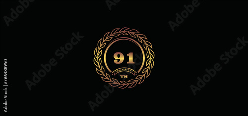 91st anniversary logo with ring and frame, gold color and black background photo