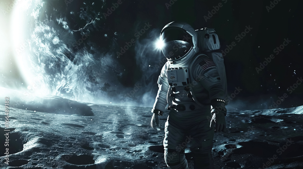 An astronaut in spacesuit stands on surface of Moon, in background rises Earth, illuminated by distant sun. Concept of exploring the galaxy