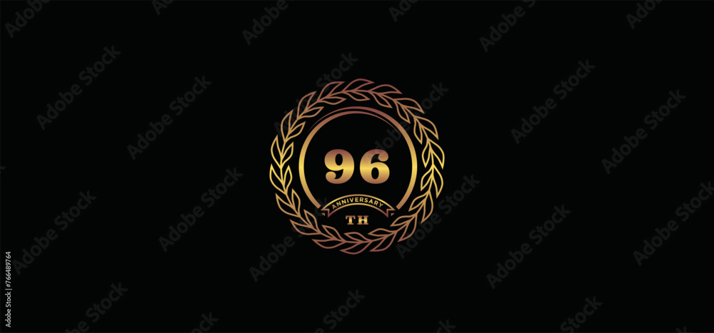 96st anniversary logo with ring and frame, gold color and black background