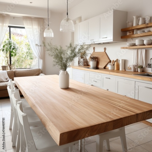 Large wooden table in a modern kitchen