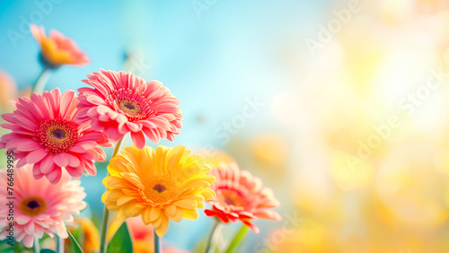 Spring flower background with colorful gerberas on clear blue sky background with sunny light. Springtime. Natural blossoming holiday background. Copy space