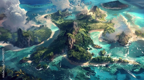Bird s eye view illustration of a mysterious tropical island.