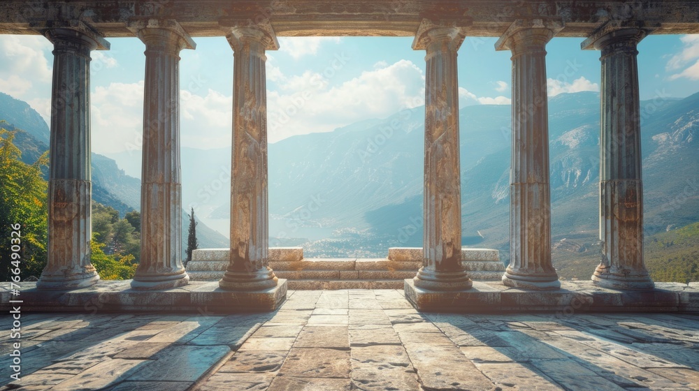 Stunning view of mountains seen through architectural columns. Ideal for travel and architectural concepts