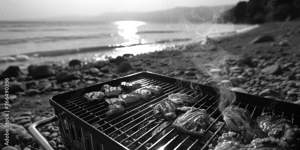 A black and white photo of a grill on the beach, perfect for summer cookouts