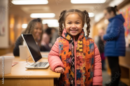 A smiling young girl standing next to a laptop computer in a library