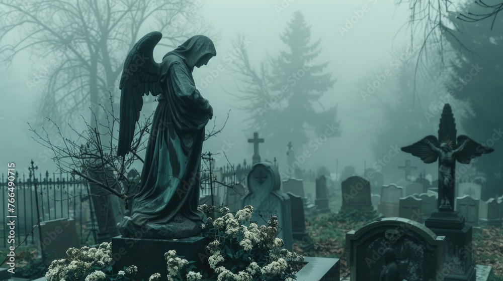 A haunting image of an angel statue in a foggy cemetery. Suitable for spooky or Halloween-themed designs - obrazy, fototapety, plakaty 