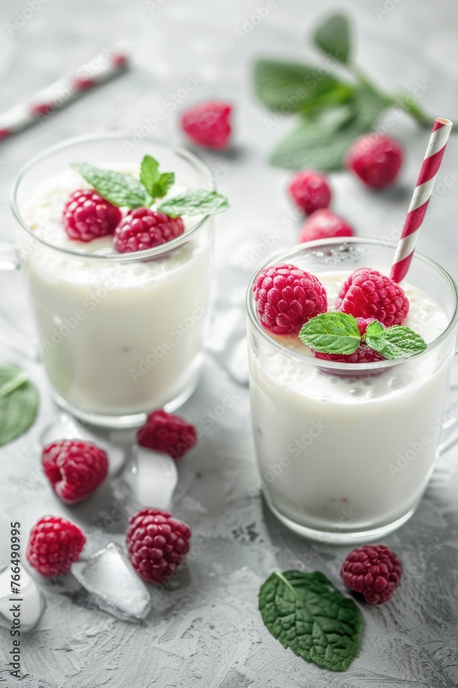 Fresh milk in glasses with raspberries and mint leaves, perfect for food and drink concepts Fresh milk in glasses with raspberries and mint leaves, perfect for food and drink concepts