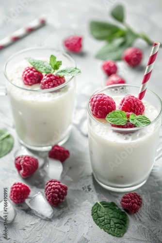 Fresh milk in glasses with raspberries and mint leaves, perfect for food and drink concepts