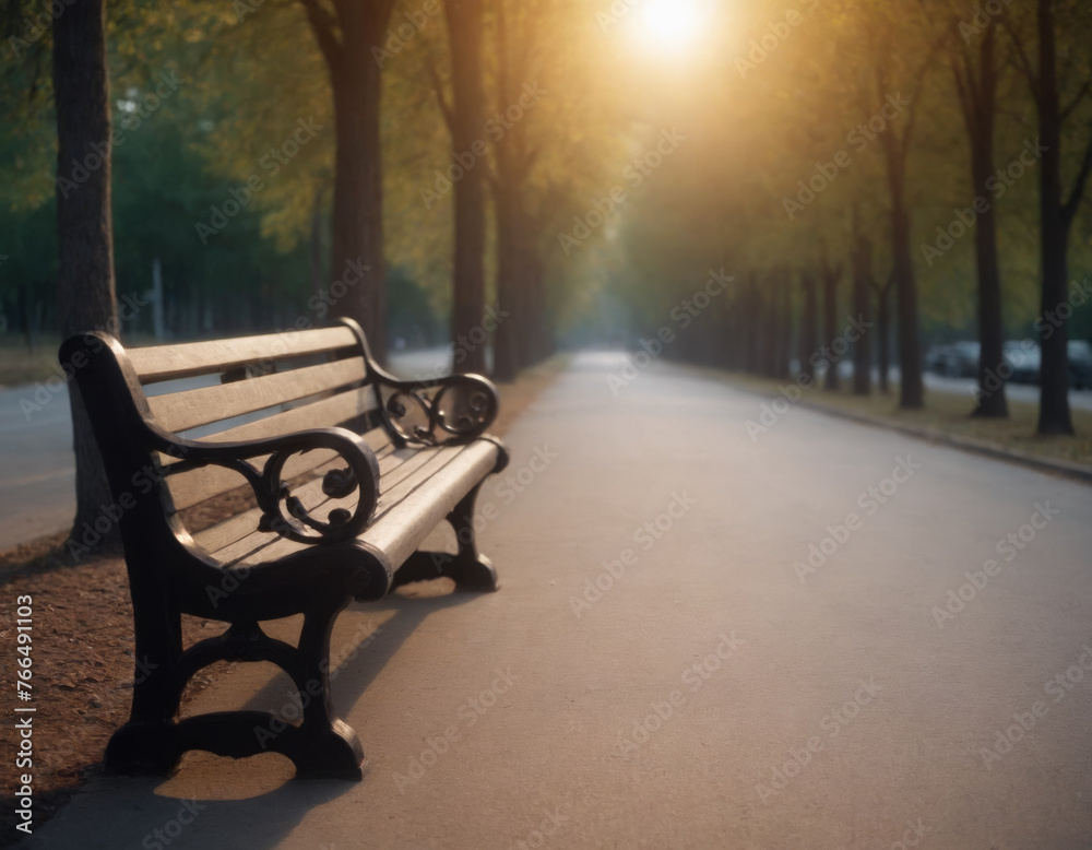 Sunlit Empty Park Bench on Peaceful Alley at Dawn