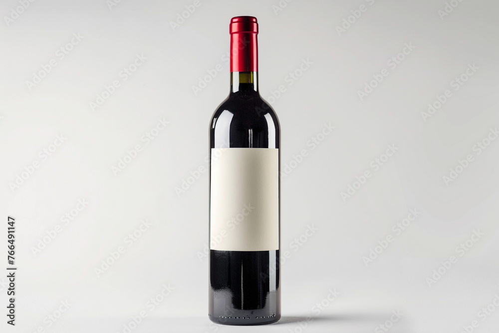 A single bottle of rich red wine standing proudly against a crisp white background, its blank label awaiting customization. A single bottle of rich red wine standing proudly against a crisp white background, its blank label awaiting customization.