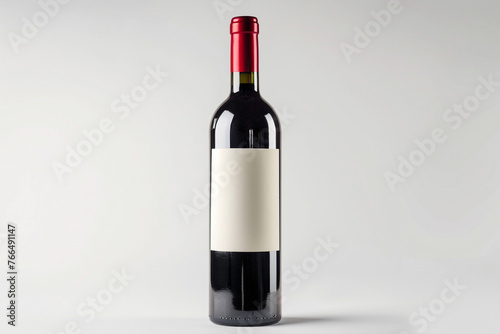 A single bottle of rich red wine standing proudly against a crisp white background, its blank label awaiting customization.