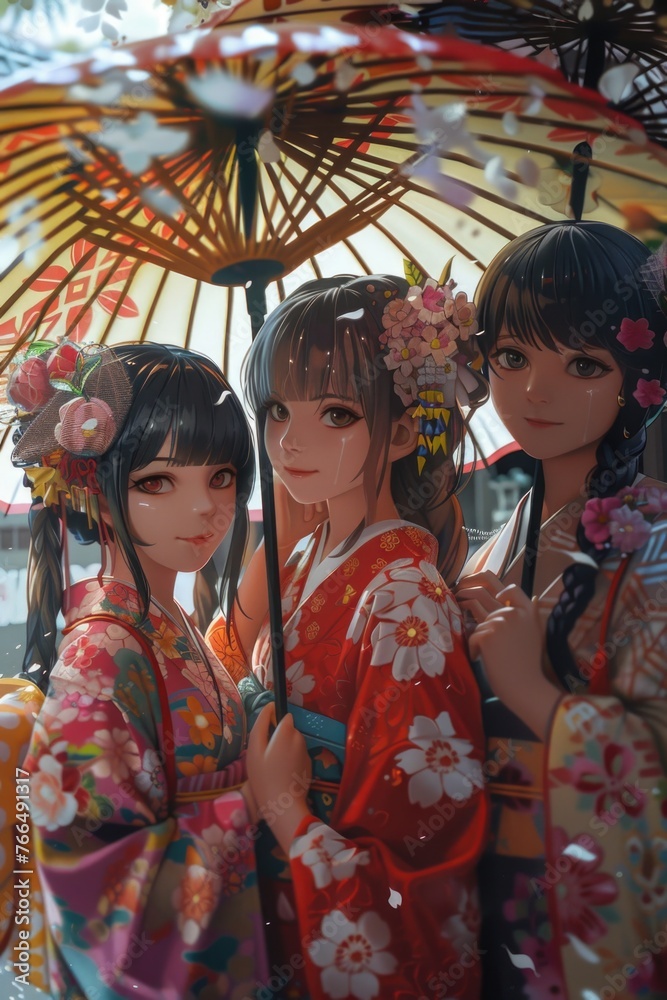 Fototapeta premium Group of Asian women sheltering under umbrella, suitable for weather or friendship concepts