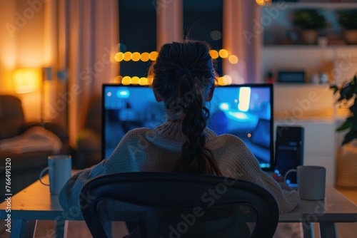 A woman sitting at a desk in front of a computer. Suitable for business and technology concepts