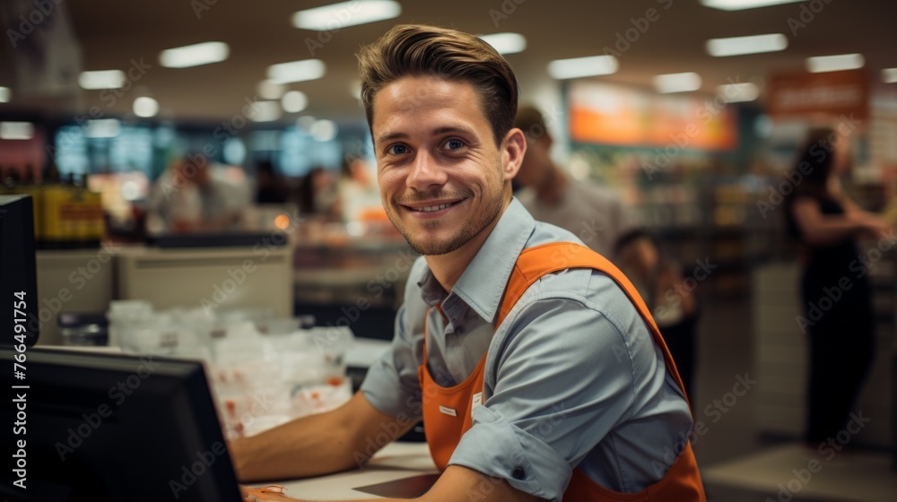 Portrait of a happy young male grocery store clerk