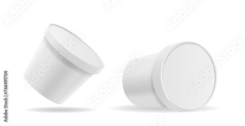 Ice Cream Buckets Side View Mockup, Feature High-resolution Templates of Realistic White Plastic Containers for Branding