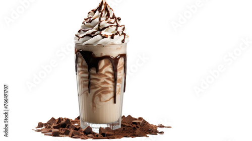 A milkshake is adorned with a generous swirl of fluffy whipped cream and drizzled with rich chocolate sauce photo