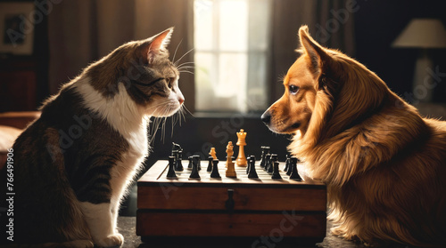 Cat and dog playing chess indoors © fydorov
