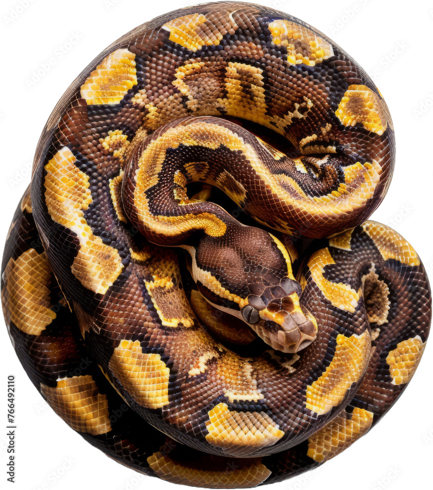 Obraz premium Coiled python with intricate scales, cut out transparent