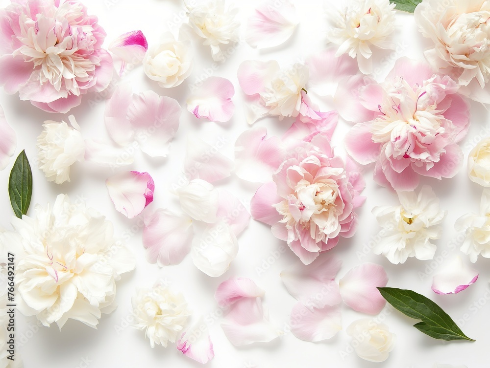 blooming peonies flowers, background with blooming light pink and white peony flowers and petals